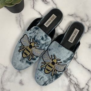 Steve Madden Blue Velvet Embroidered Bee Flats